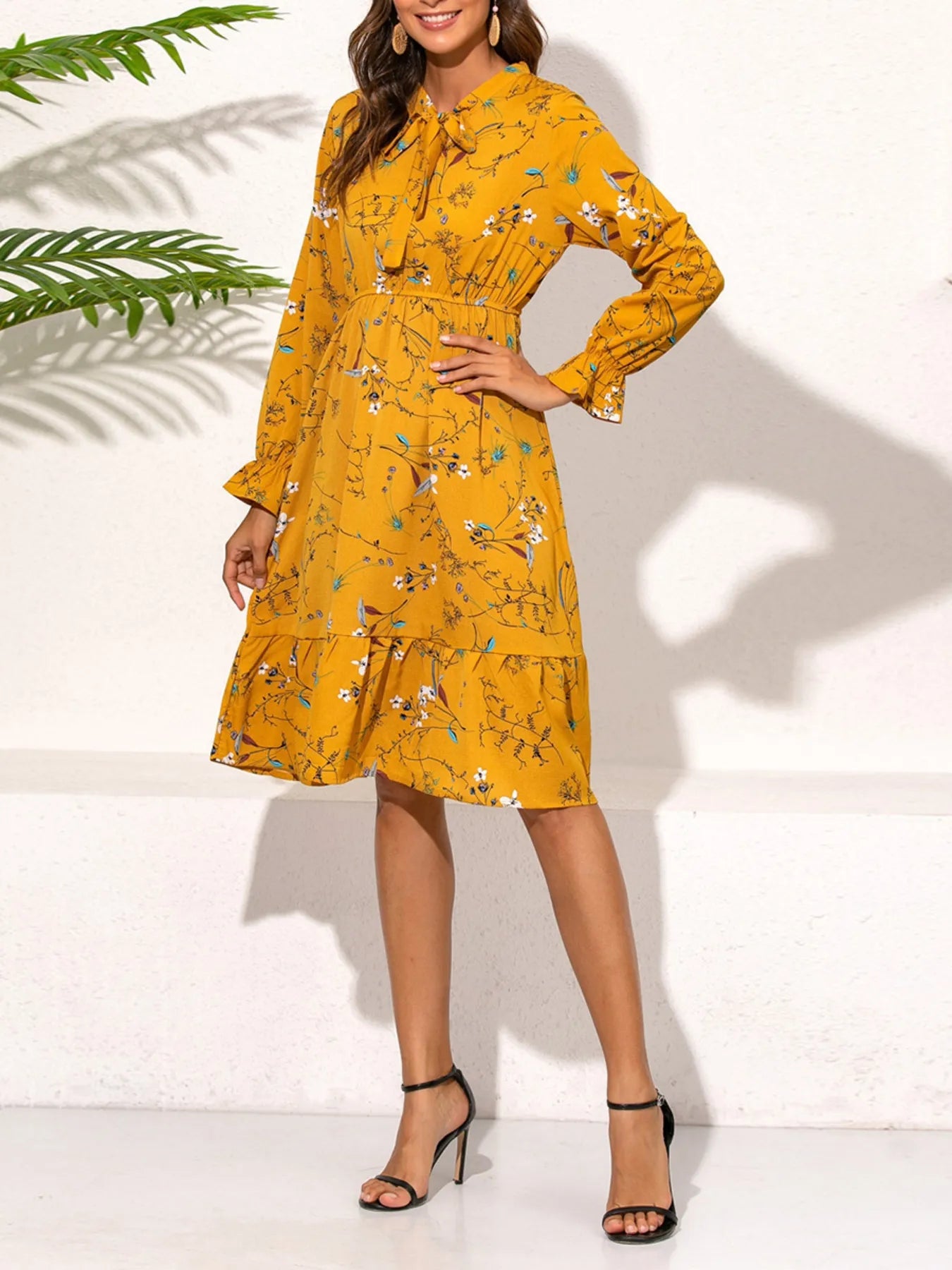Ruffled Hem Floral Print Long Sleeve Dress