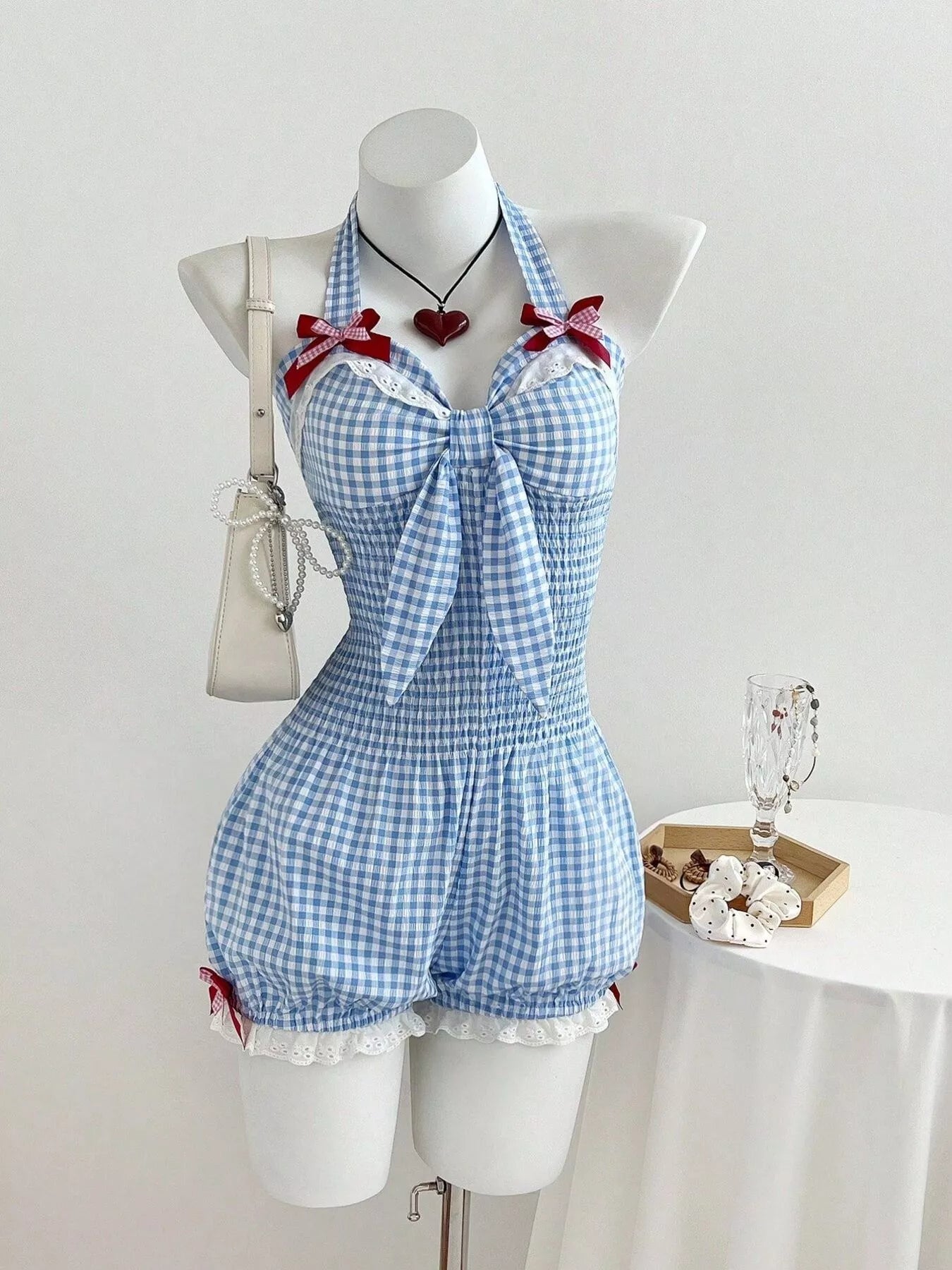 Gingham Bowknot Halter Neck Romper