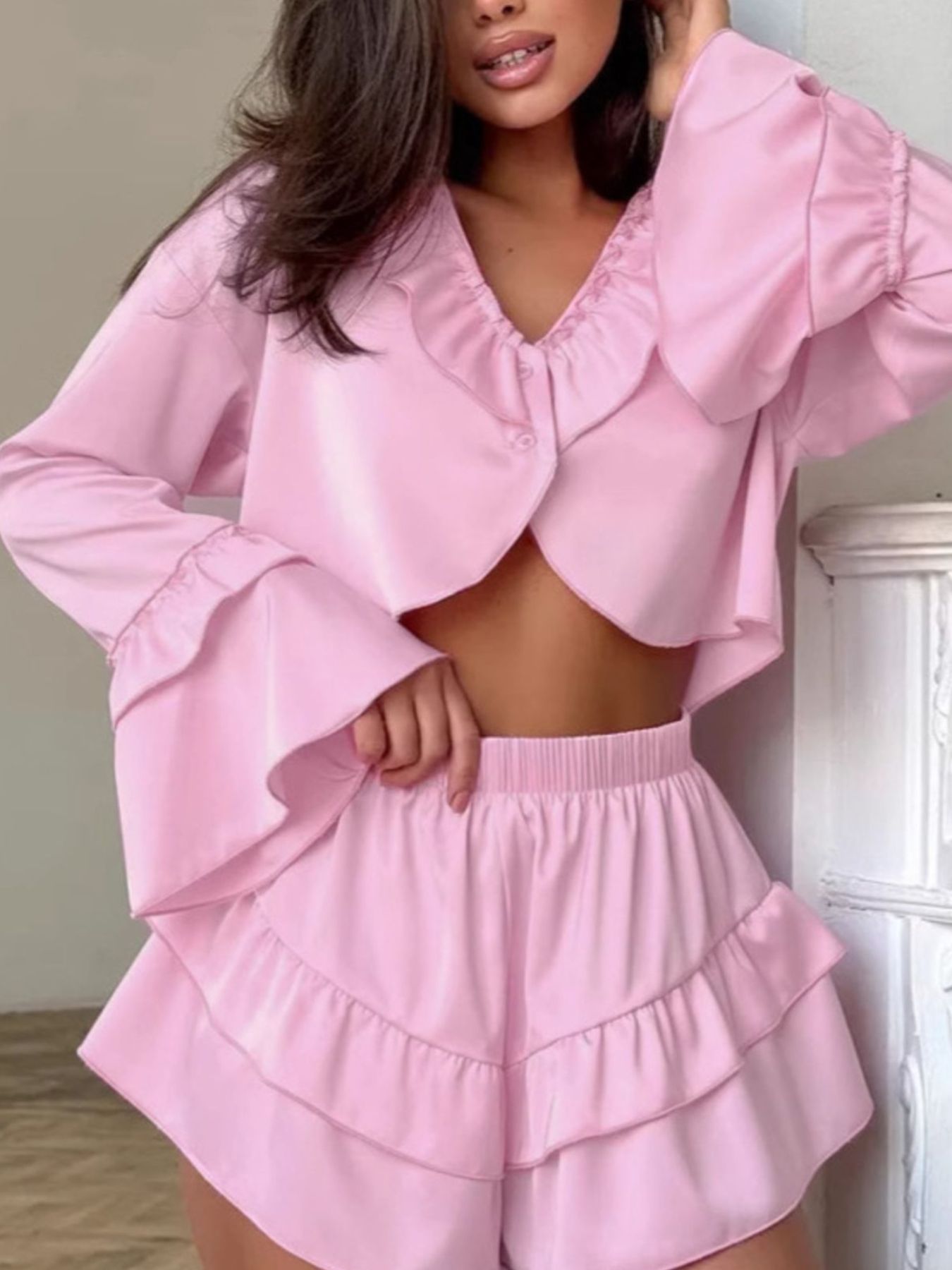 Ruffled V-Neck Top and Shorts Set