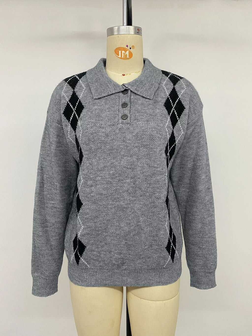 Argyle Patterned Polo Collar Sweater