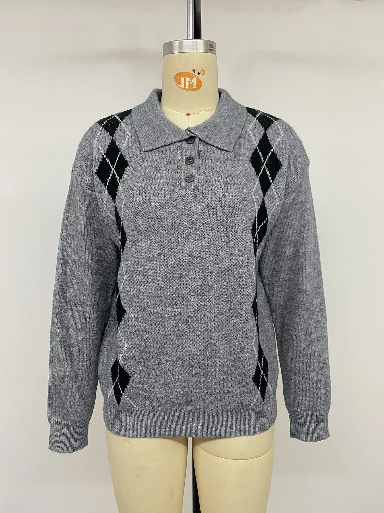 Argyle Patterned Polo Collar Sweater