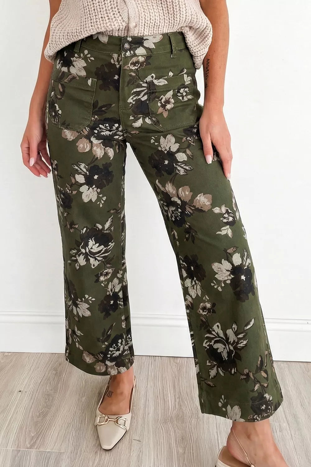 Vintage Style Floral Print High Waist Wide Leg Jeans