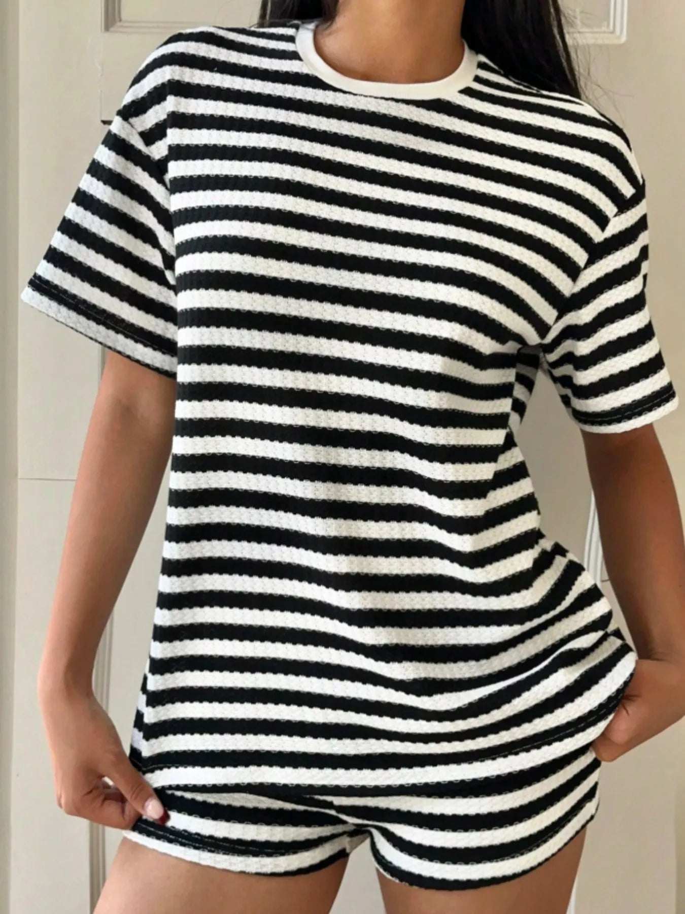 Striped Round Neck Top and Shorts Set