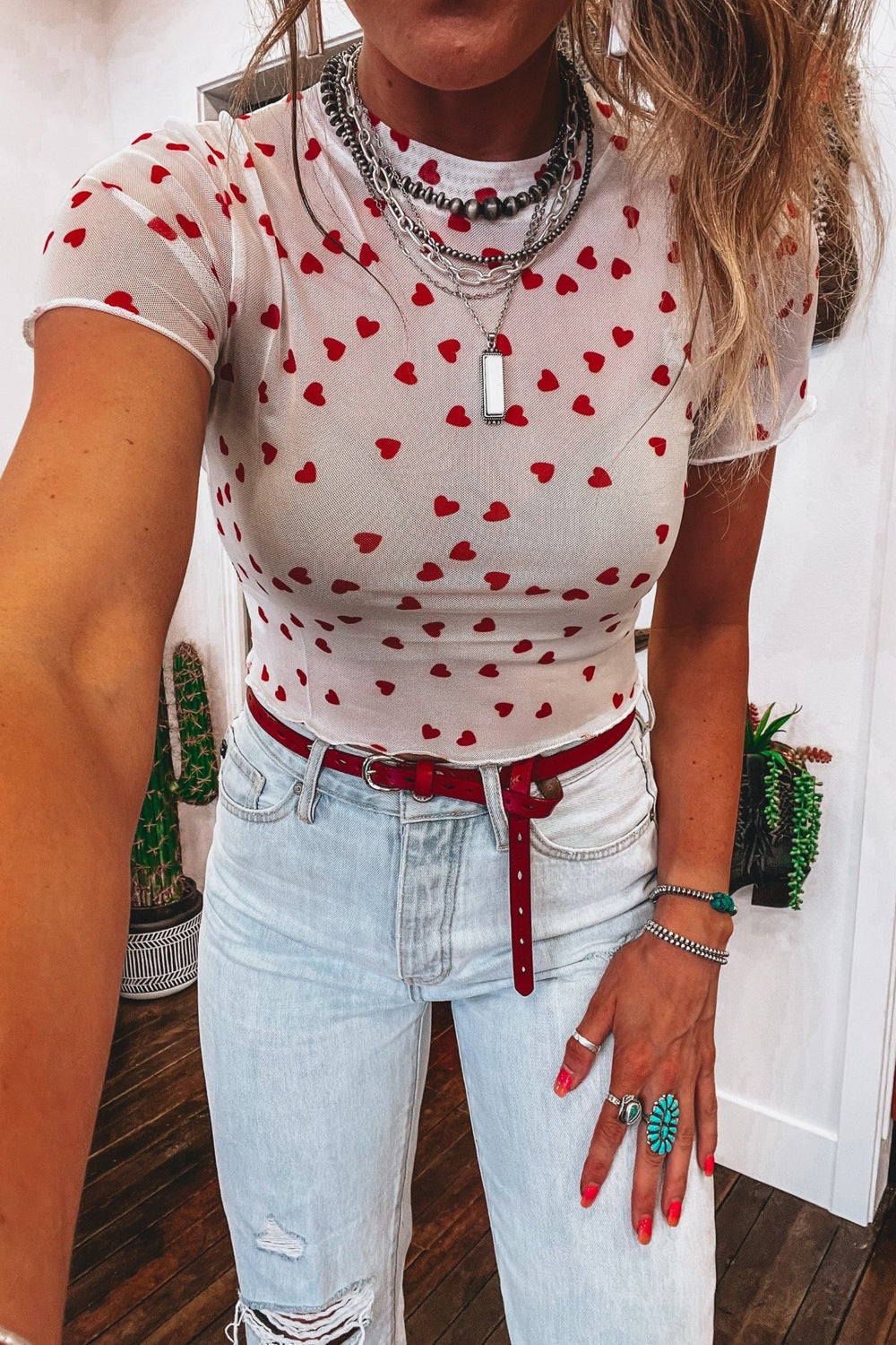 Sheer Heart Print Fitted Top