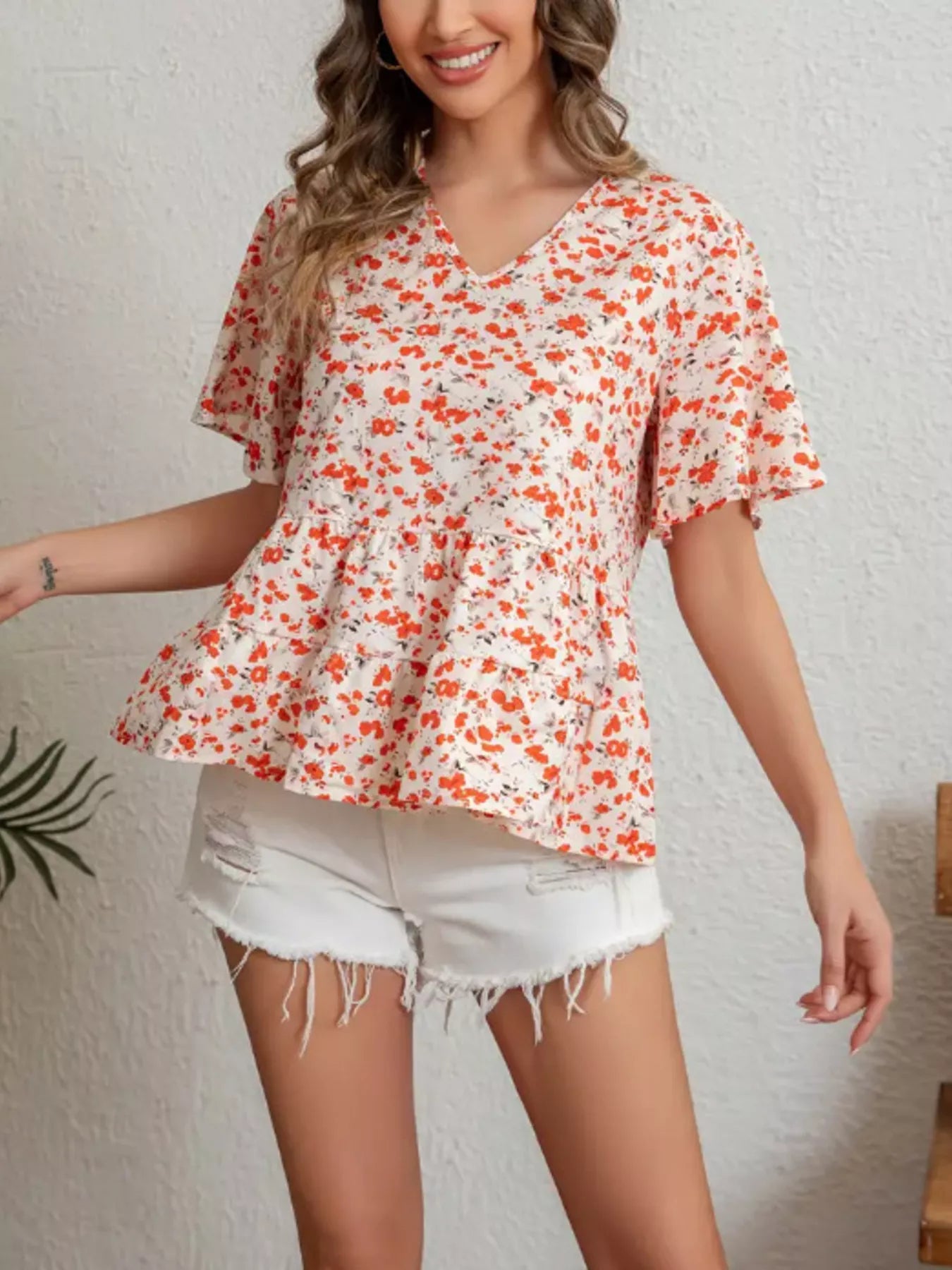 Floral Print V-Neck Ruffle Sleeve Peplum Blouse
