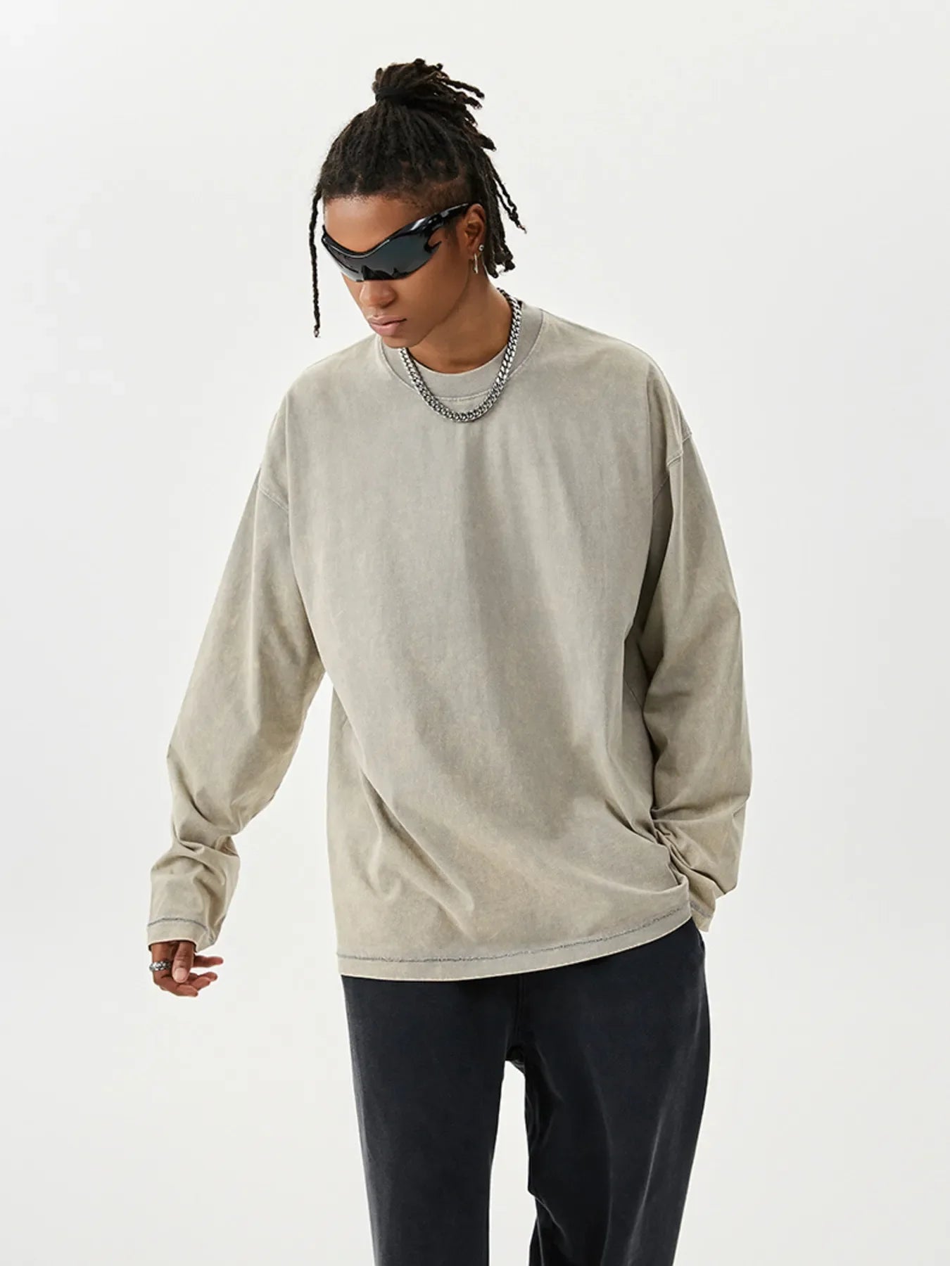 Men's Washed Round Neck Long Sleeve T-Shirt