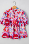 Floral Puff Sleeve Button-Up Top