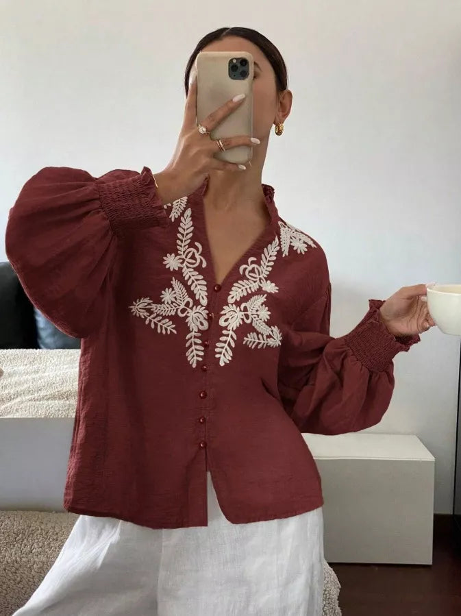 Embroidered Notched Long Sleeve Blouse