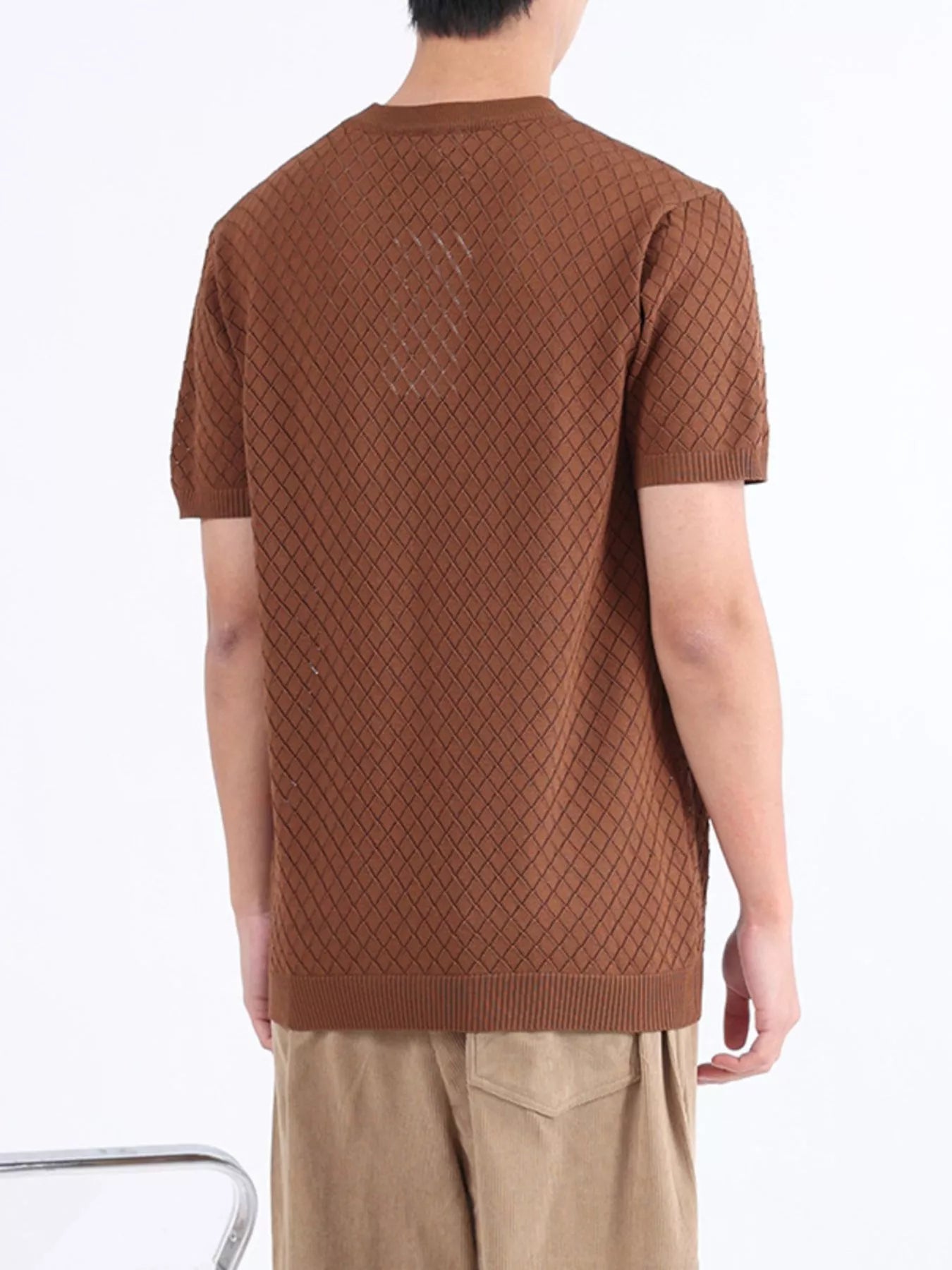 Men's Plus Size Diamond Pattern Knitted Short Sleeve T-Shirt