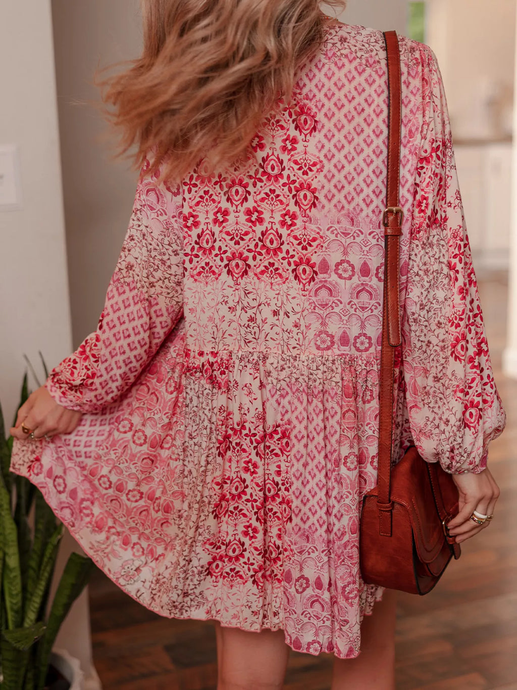 loral Print Tassel Tie Long Sleeve Flowy Mini Dress