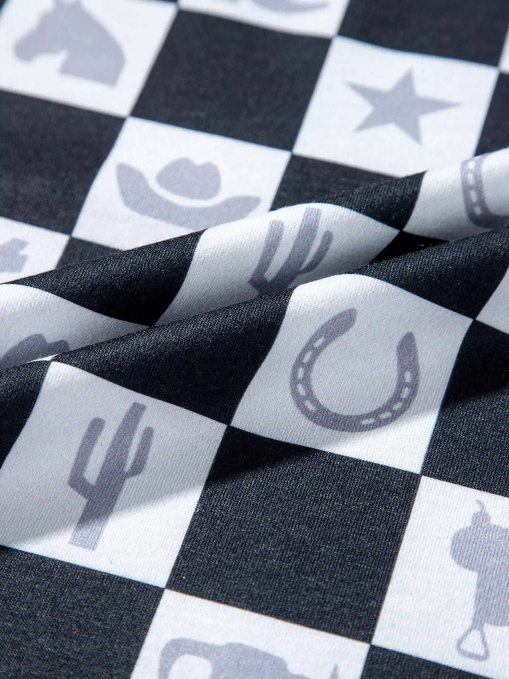 Western Checkerboard Print Side Split T Shirt