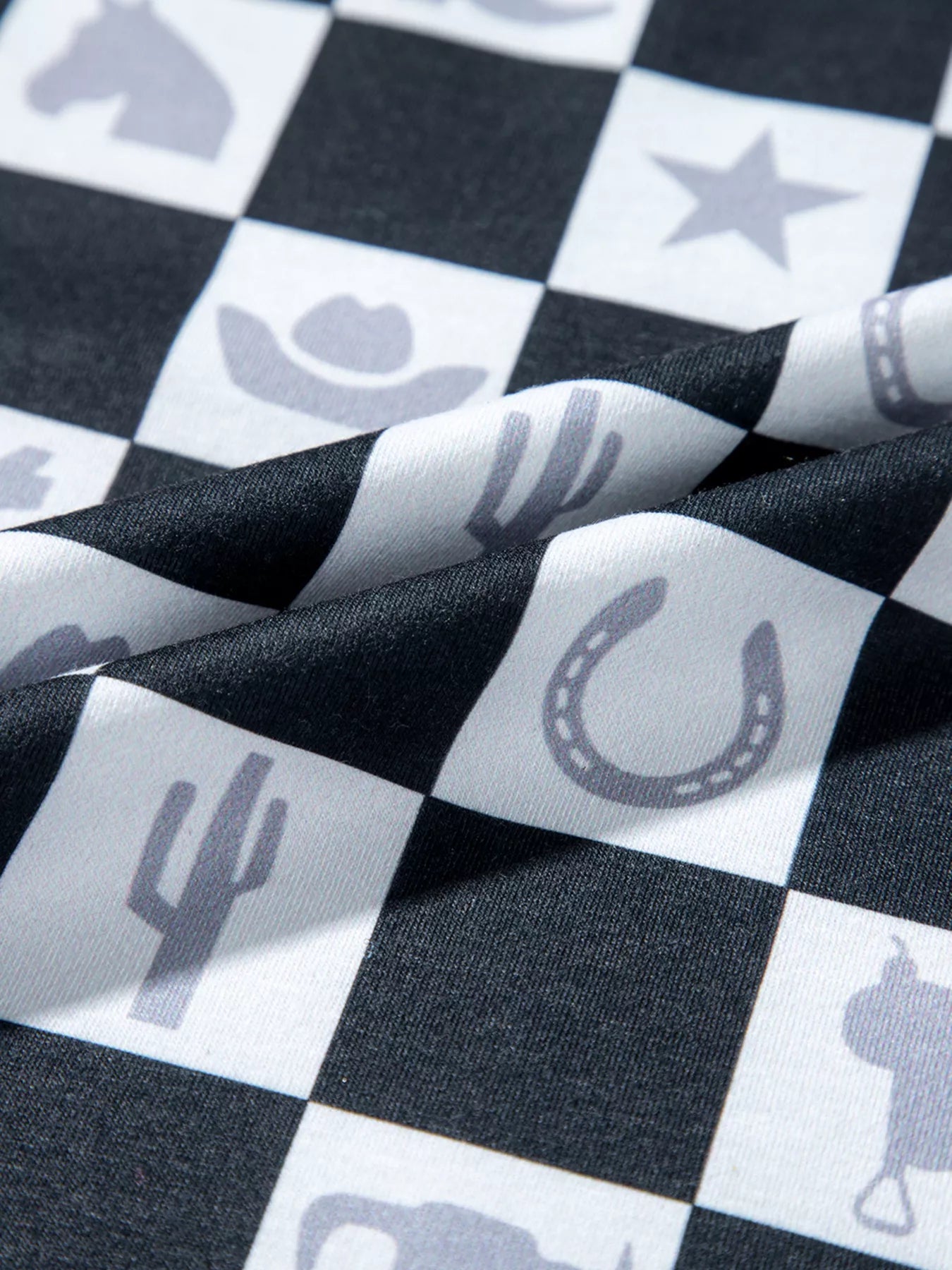 Western Checkerboard Print Side Split T Shirt