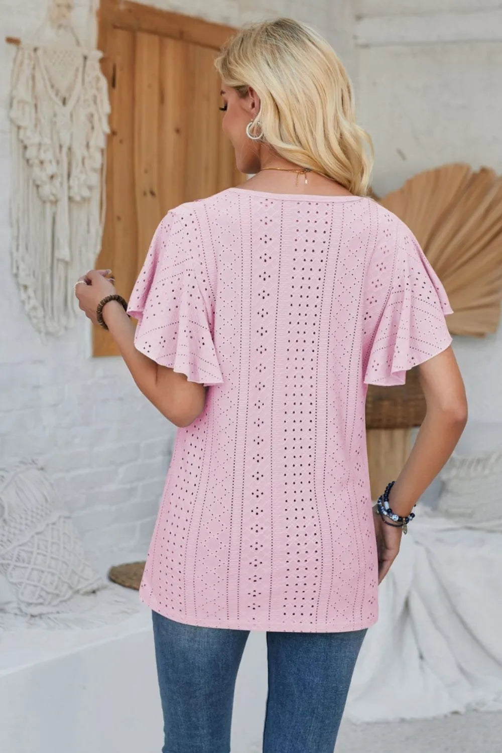 Eyelet Applique V-Neck Cap Sleeve T-Shirt