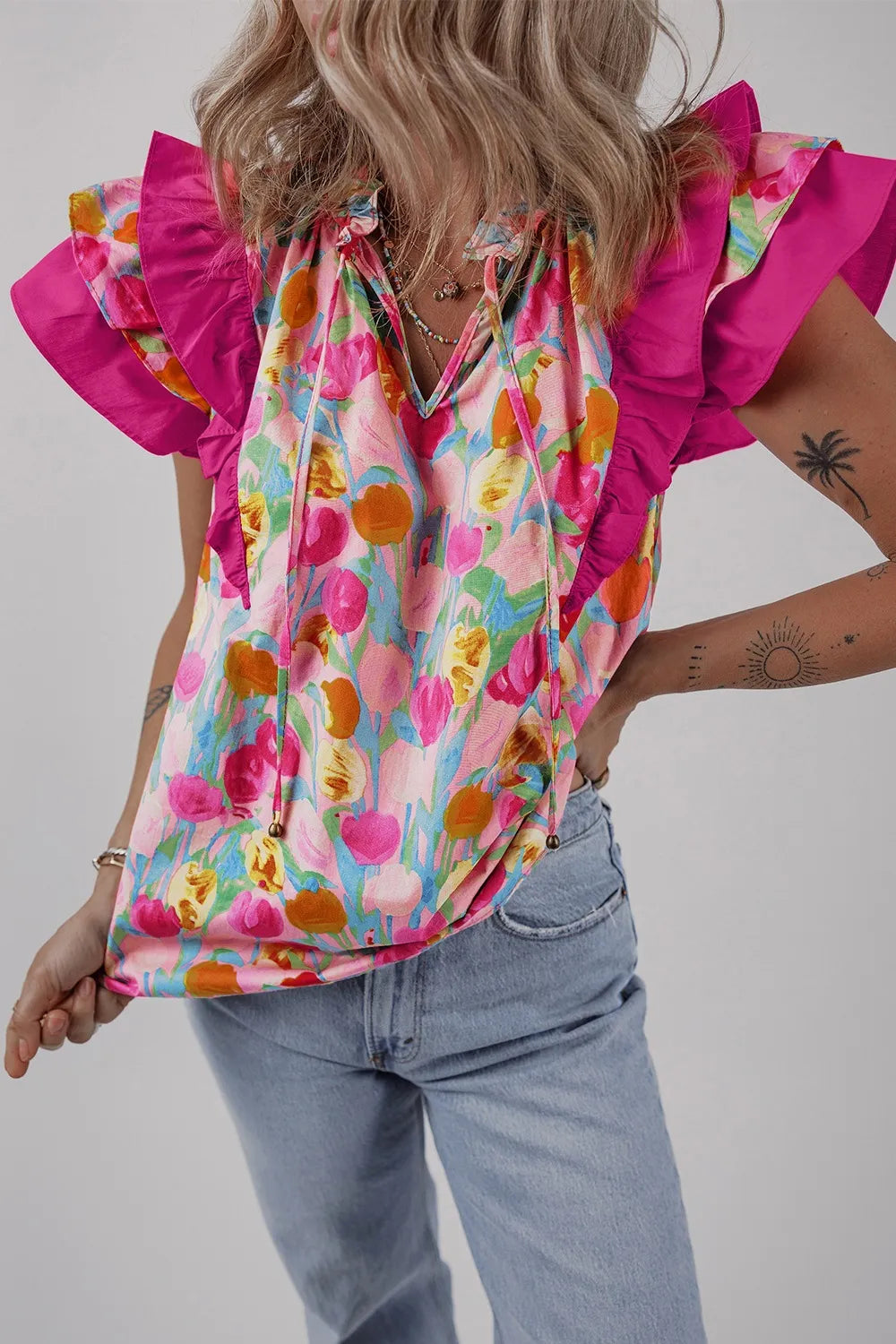 Floral Ruffle Layered Sleeve Blouse