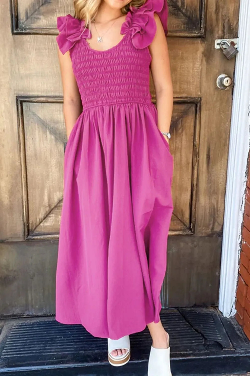 Solid Color Ruffled Straps Smocked Ruched Maxi Dress