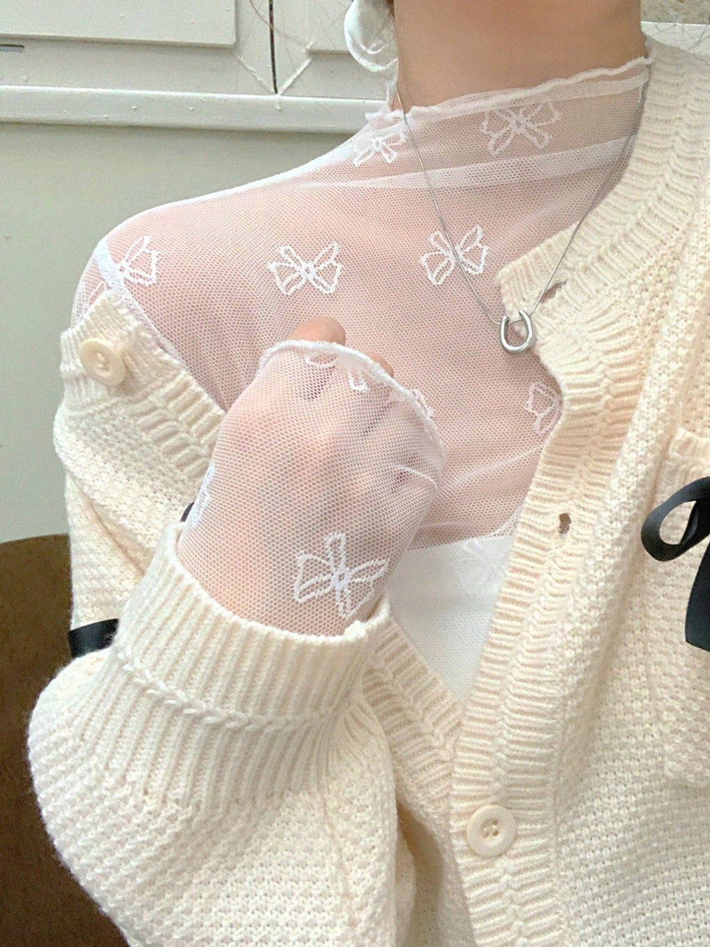 Bow Print Sheer Mesh Top