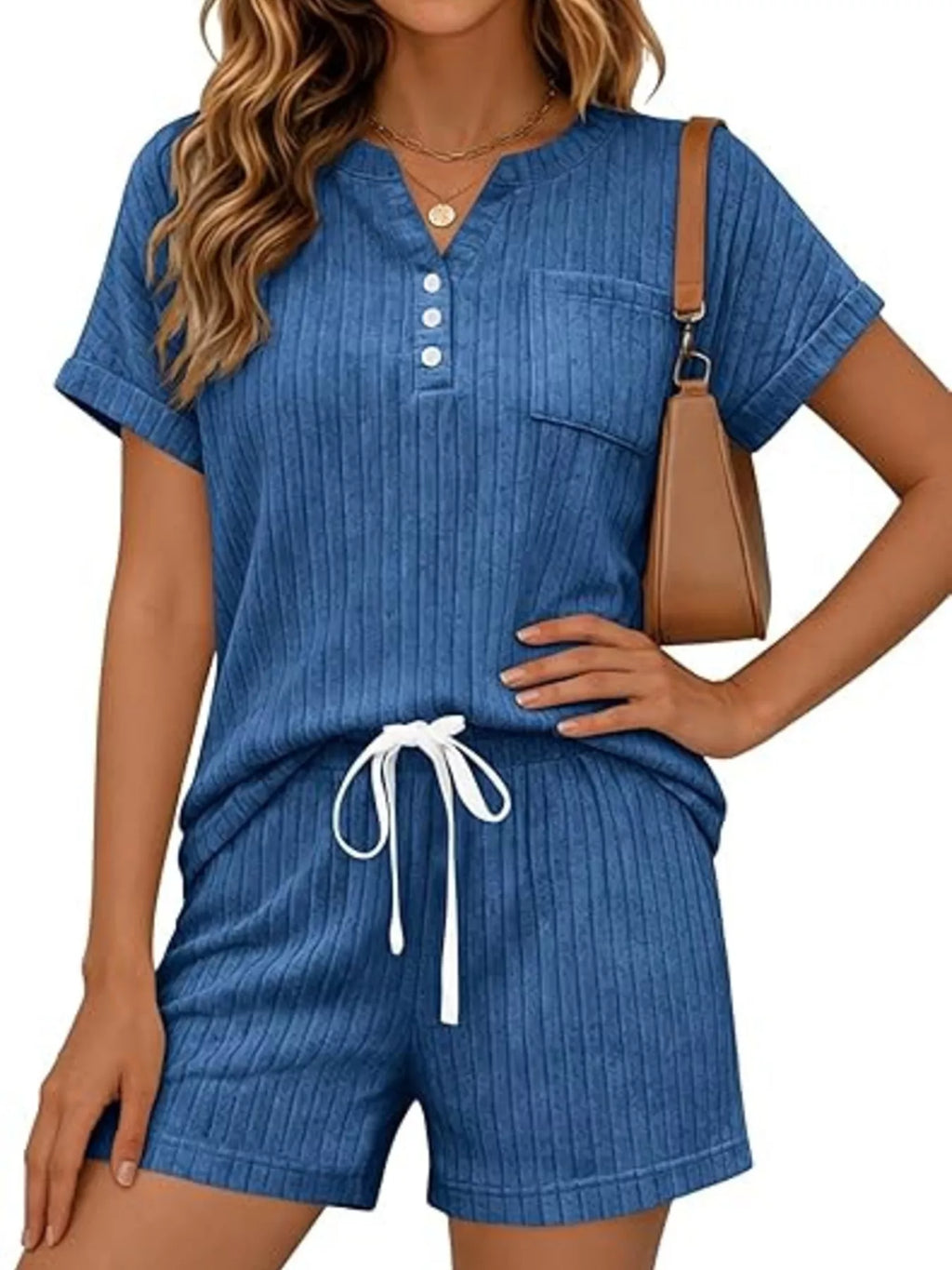 Casual Ribbed Knit Tee and Shorts Set