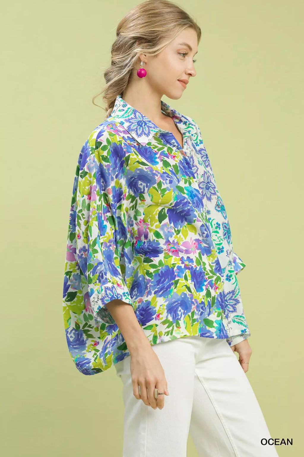 Umgee Mixed Floral Oversized Button Down Shirt
