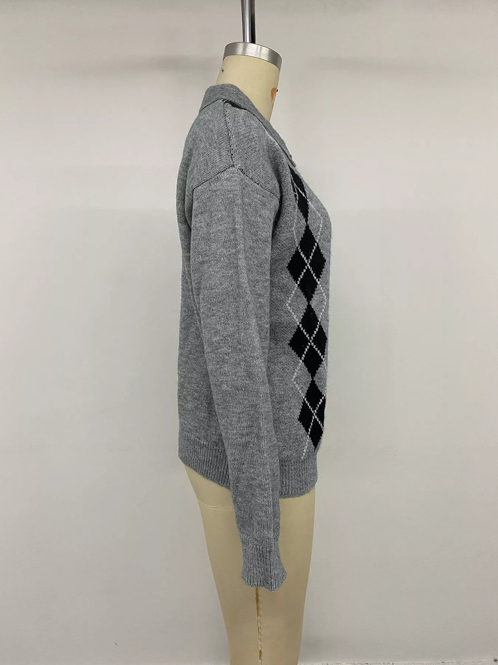 Argyle Patterned Polo Collar Sweater
