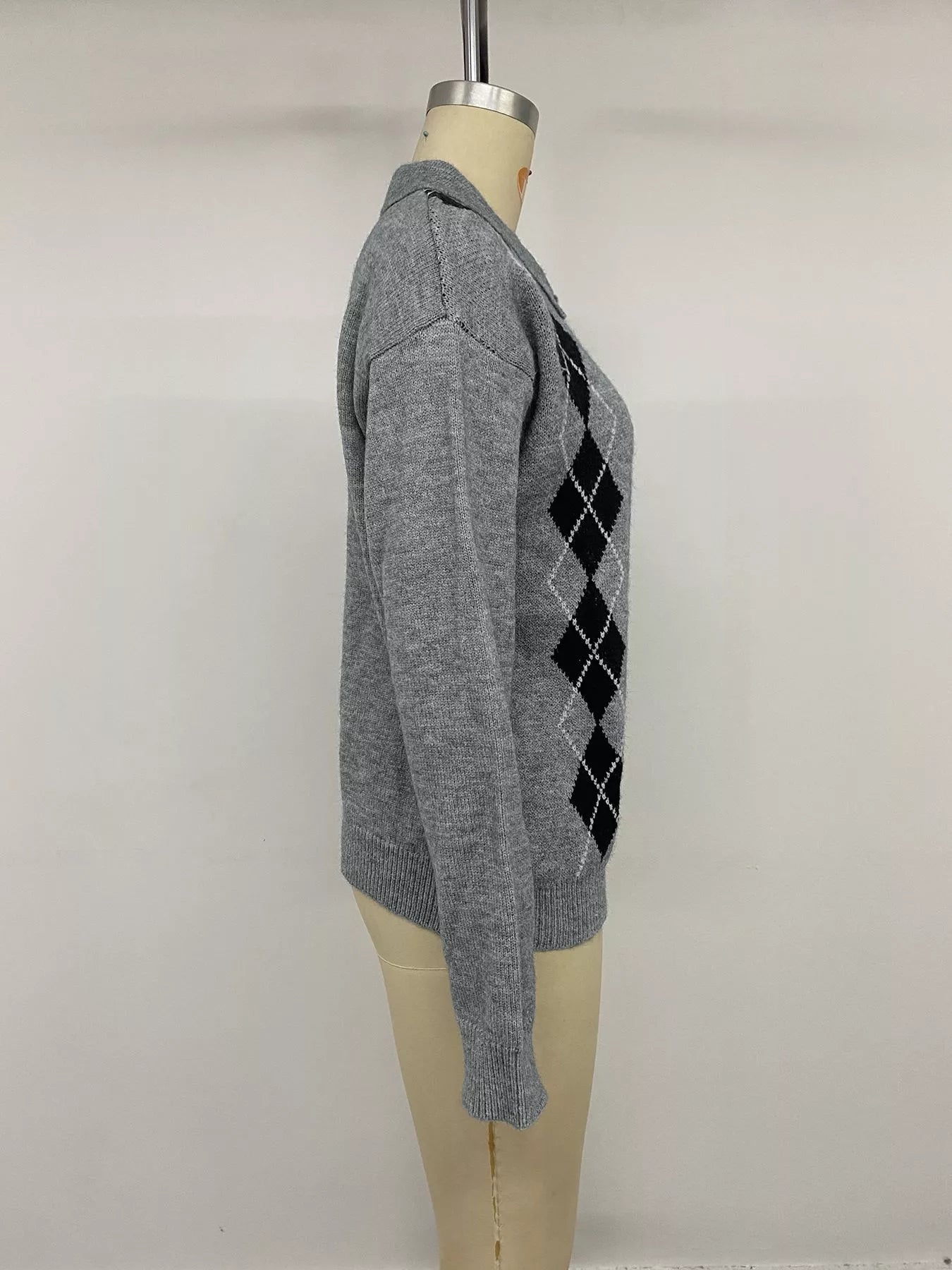 Argyle Patterned Polo Collar Sweater