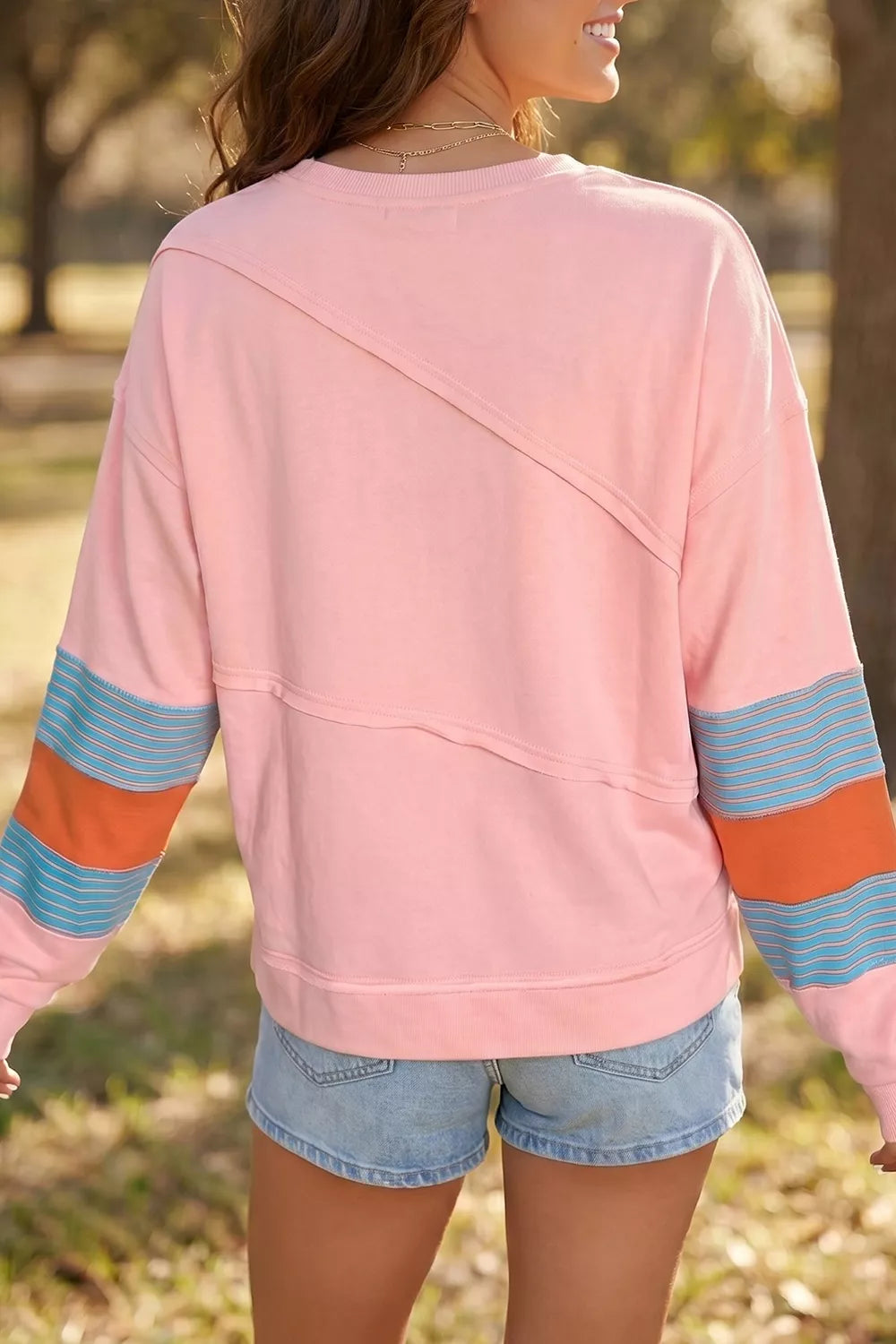 Colorblock Striped Patchwork Long Sleeve Round Neck Blouse