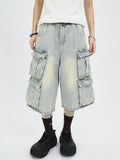 Men's Plus Size Washed Multi-Pocket Cargo Capri Jeans