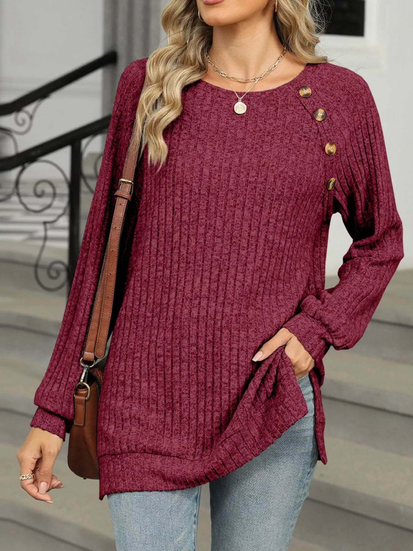 Round Neck Side Slit Ribbed Knit Top with Asymmetric Button Detail