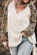 Plus Size Leopard V-Neck Raglan Sleeve Blouse