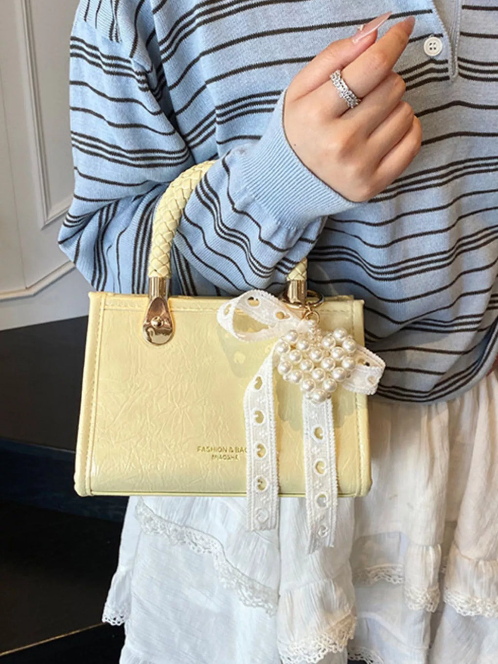 Braided Handle Pearl Decor Crossbody Bag