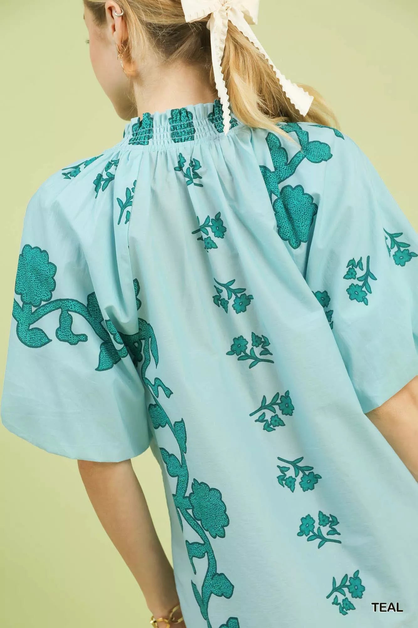 Umgee Floral Smocked Notched Puff Sleeve Blouse