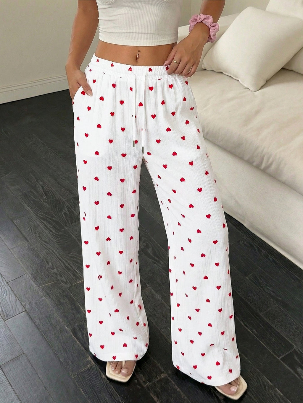 Heart Print Drawstring Waist Wide Leg Pants