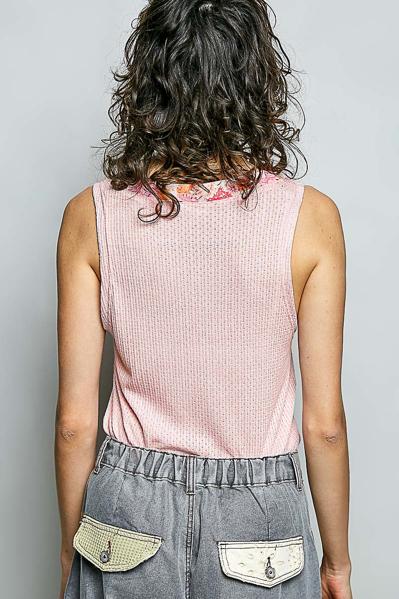 POL Ribbed V-Neck Tank with Contrast Floral Neckband