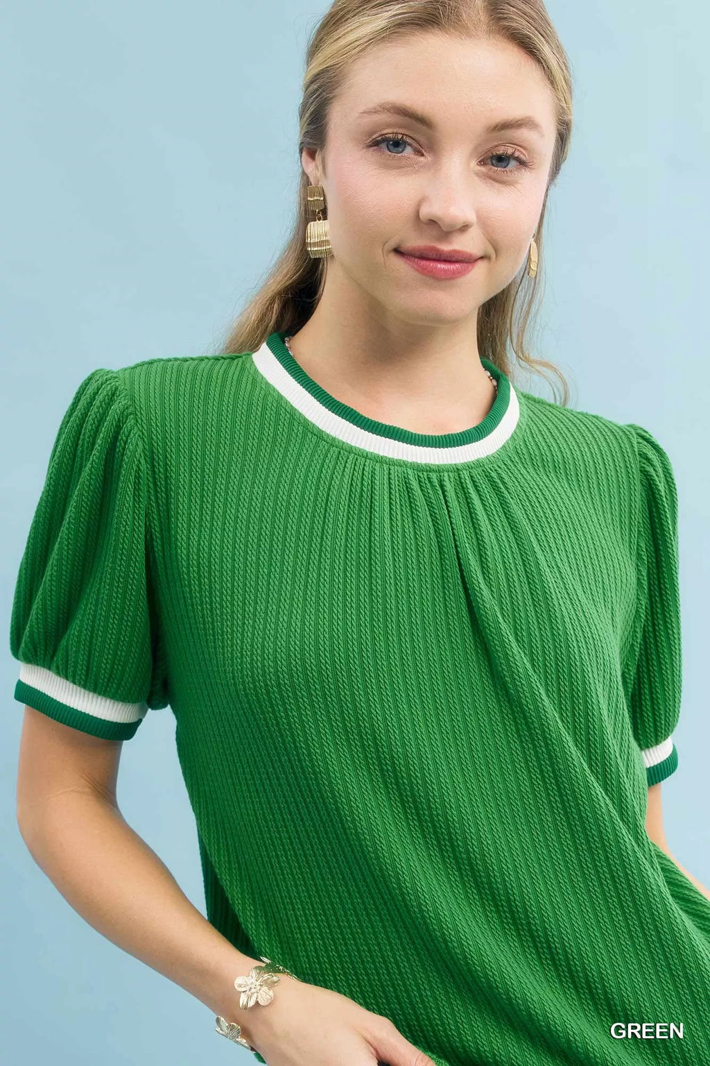 Umgee Puff Sleeve Knit Top with Contrast Rib Trim