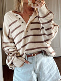 Stripe Ribbed Henley Drop Shoulder Slouchy Sweater