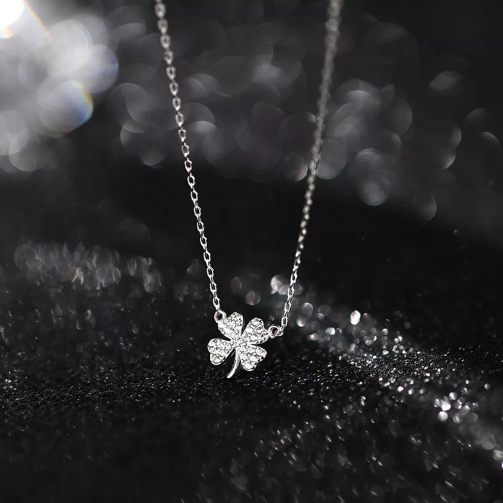 925 Sterling Silver Zircon Four Leaf Clover Necklace