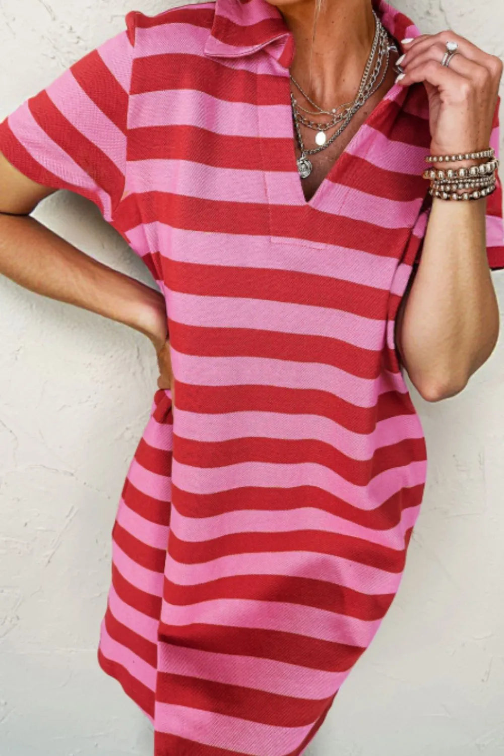Casual Striped Polo Collar T-Shirt Dress