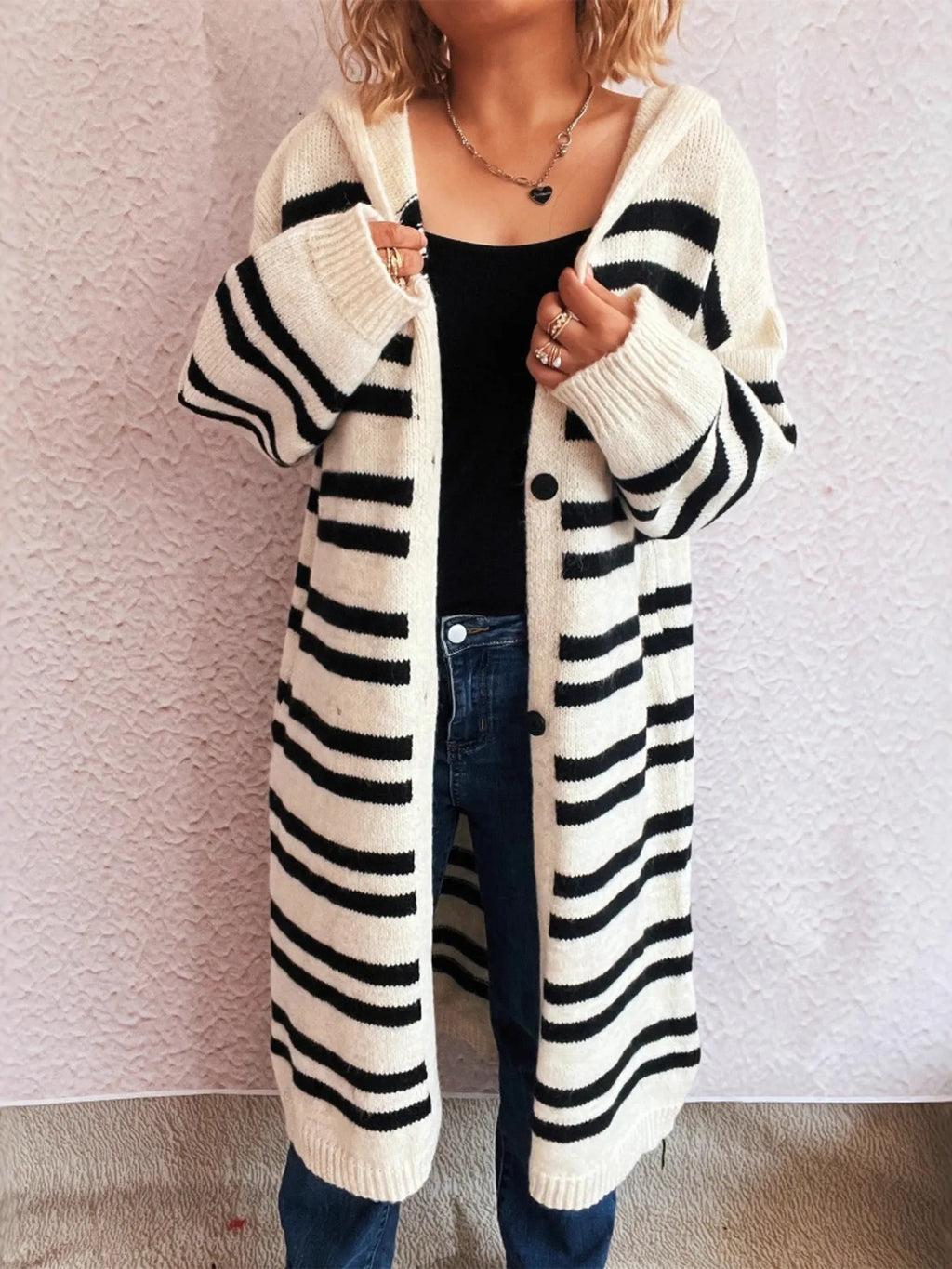 Striped Open Front Hooded Cardigan