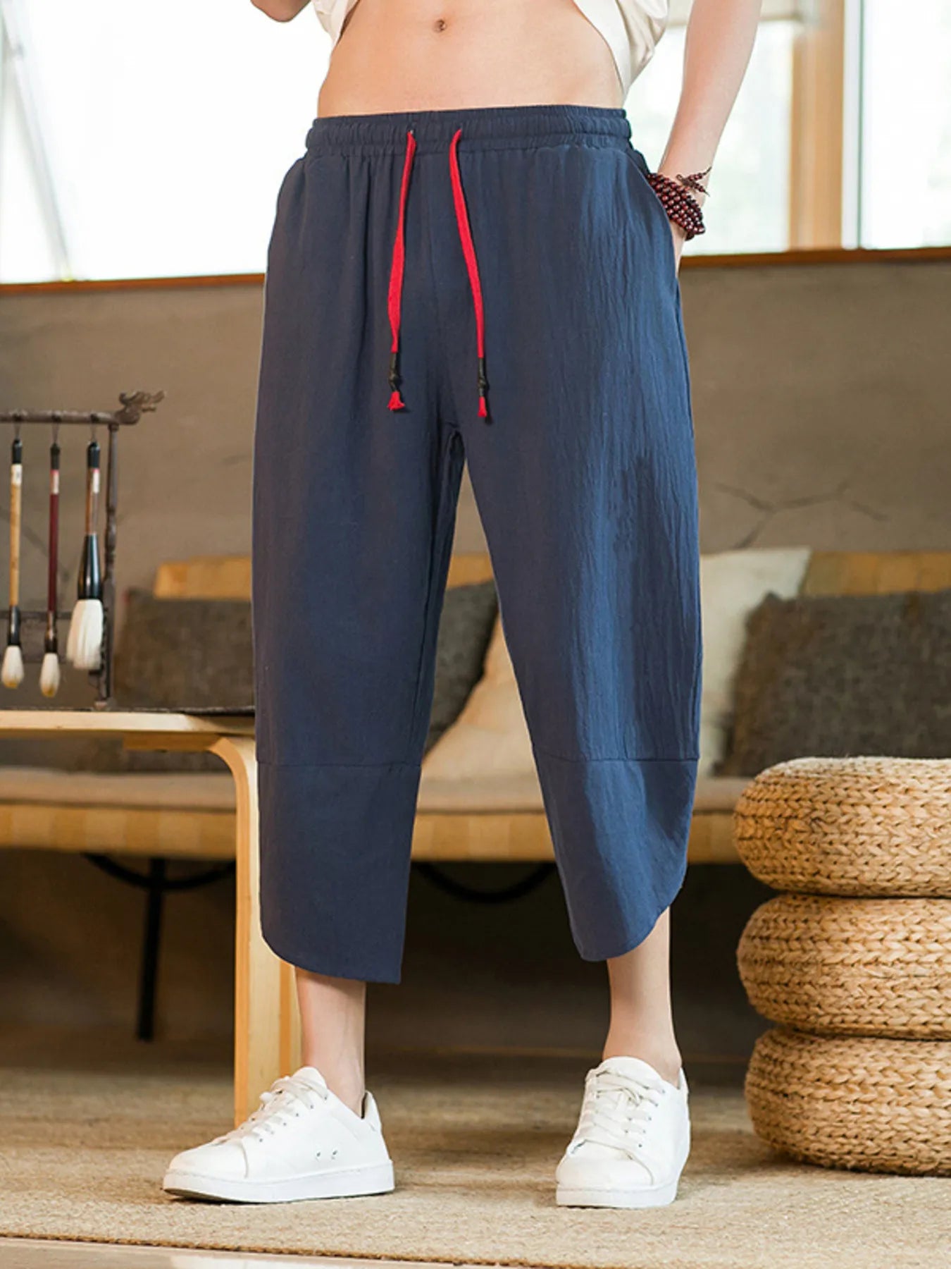 Men's Plus Size Casual Linen Cropped Pants with Drawstring