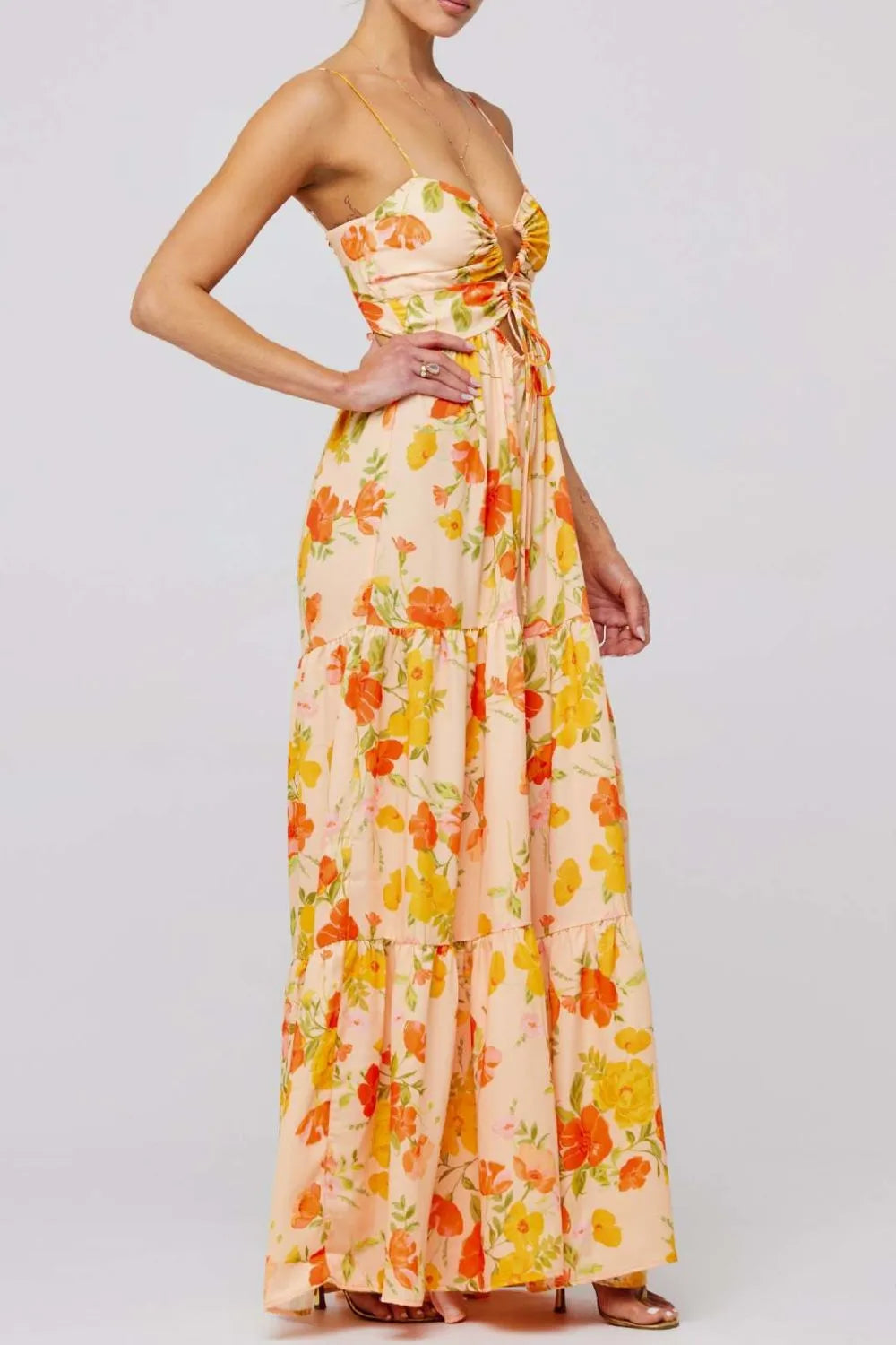 Floral Print Tie Front Tiered Maxi Dress