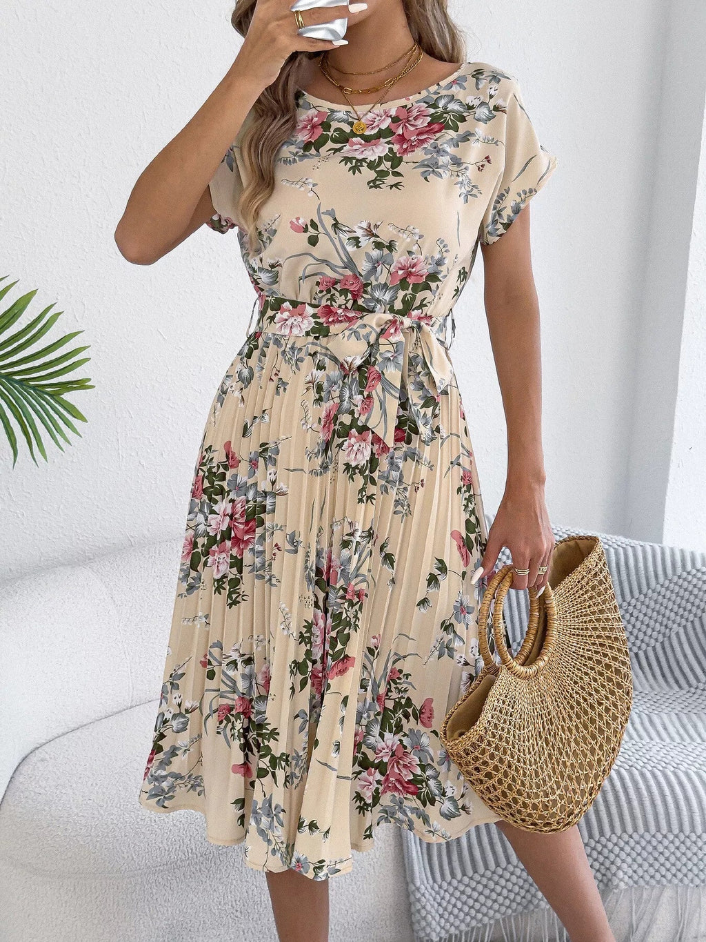 Floral Print Pleated A-Line Midi Dress