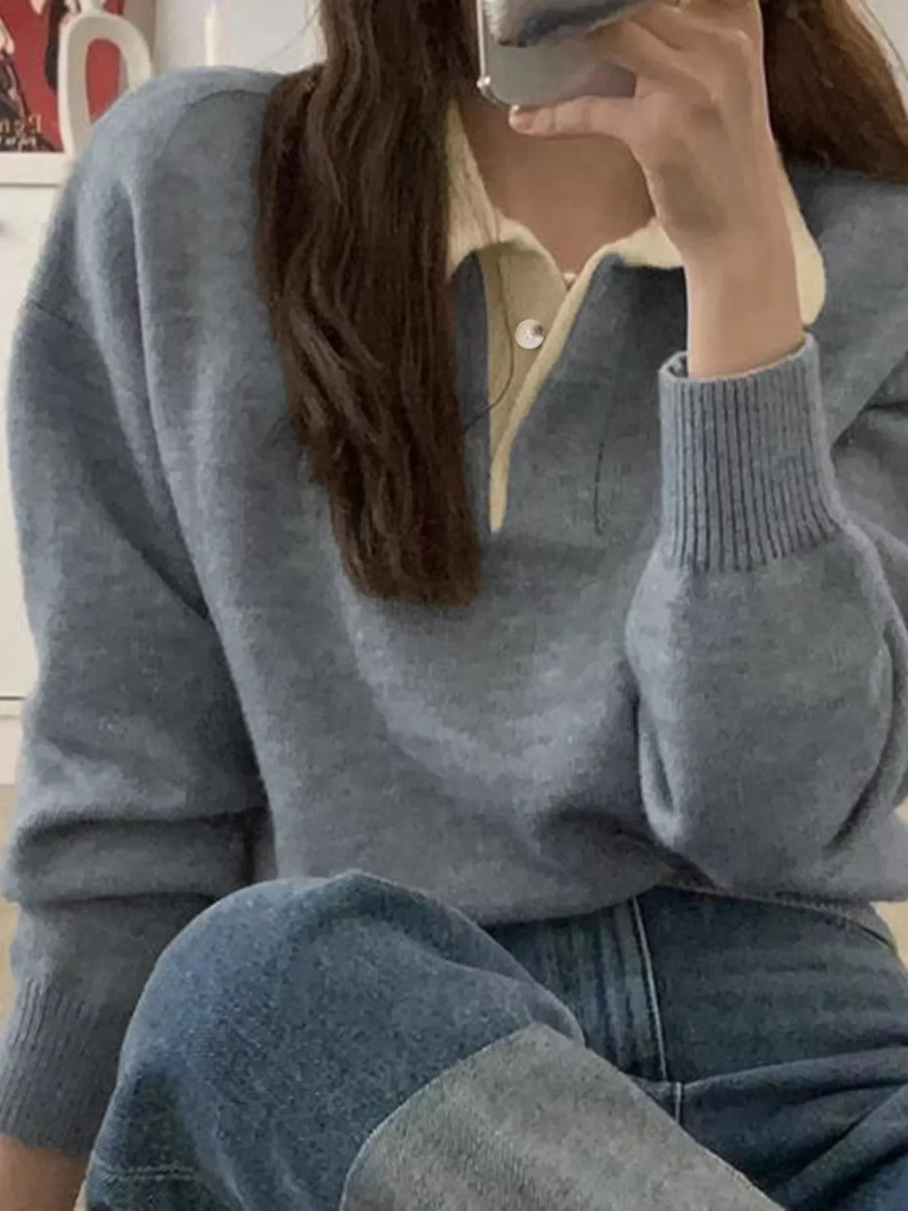 Polo Collar Dropped Shoulder Sweater
