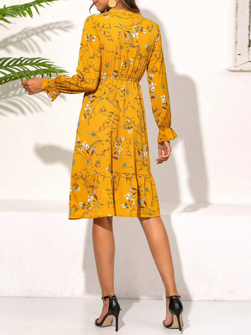 Ruffled Hem Floral Print Long Sleeve Dress
