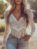Full Size Fringe Hem Lace Long Sleeve Top Plus Size