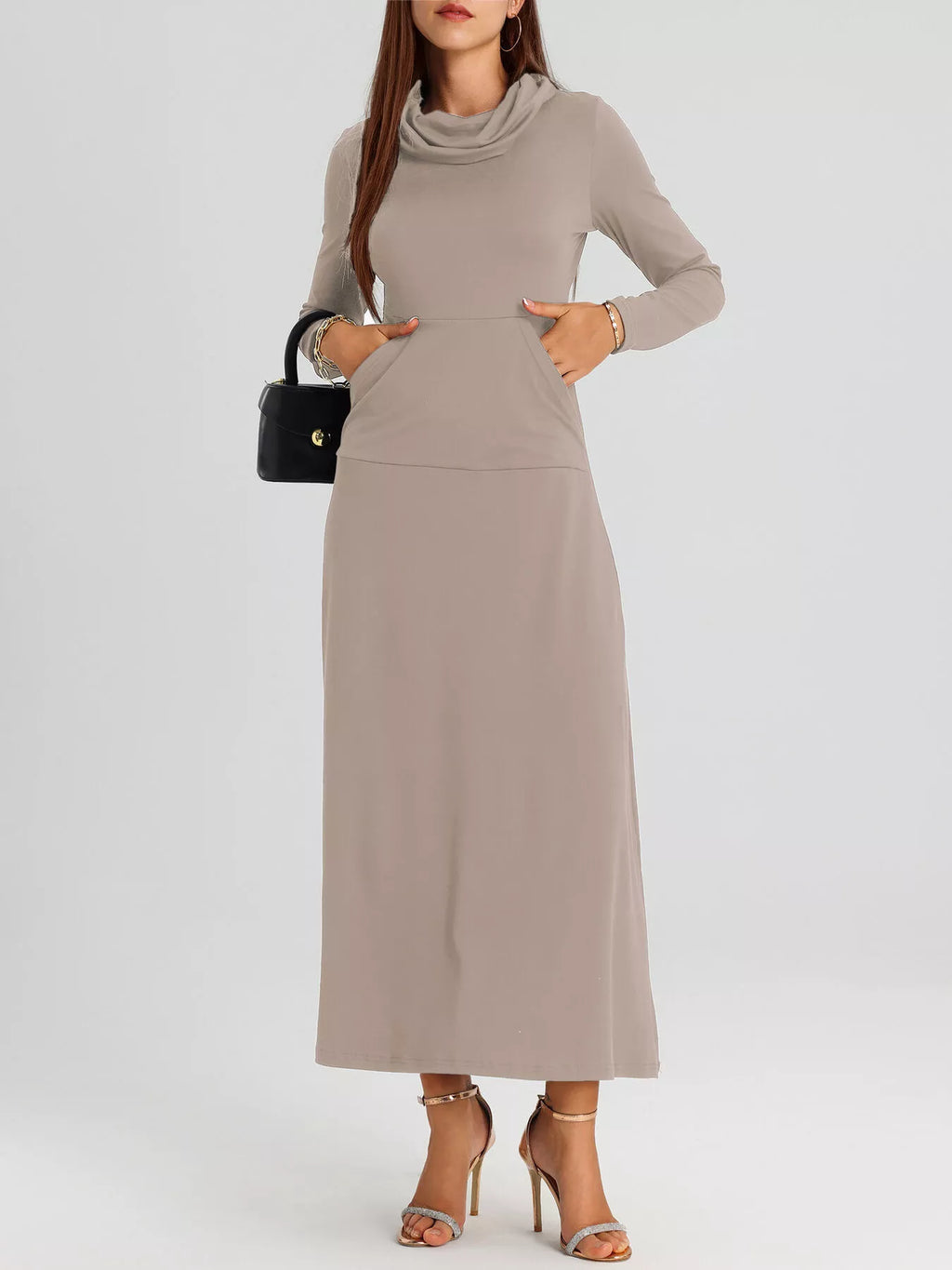 Cowl Neck Long Sleeve Midi Dress