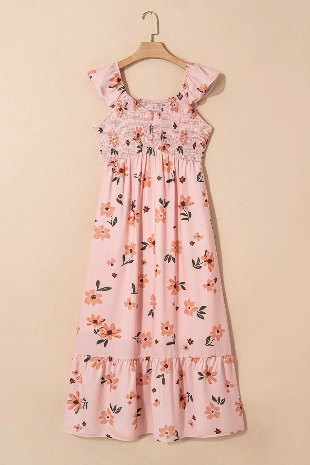 Ruffled Smocked Cap Sleeve Printed Maxi Dress