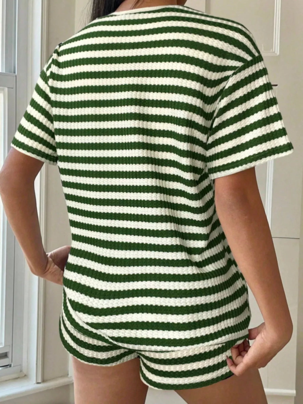 Striped Round Neck Top and Shorts Set