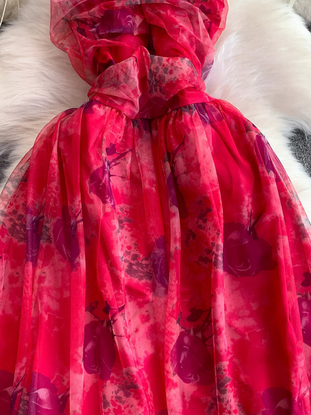 Floral Print Ruffled Layered Mesh Dress