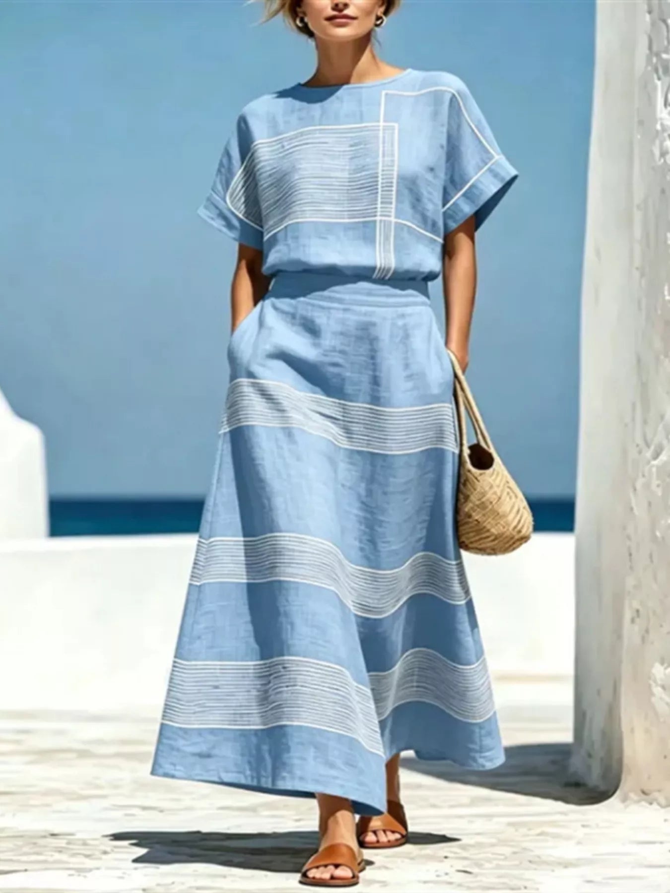 Full Size Striped Round Neck Top and Skirt Set Plus Size