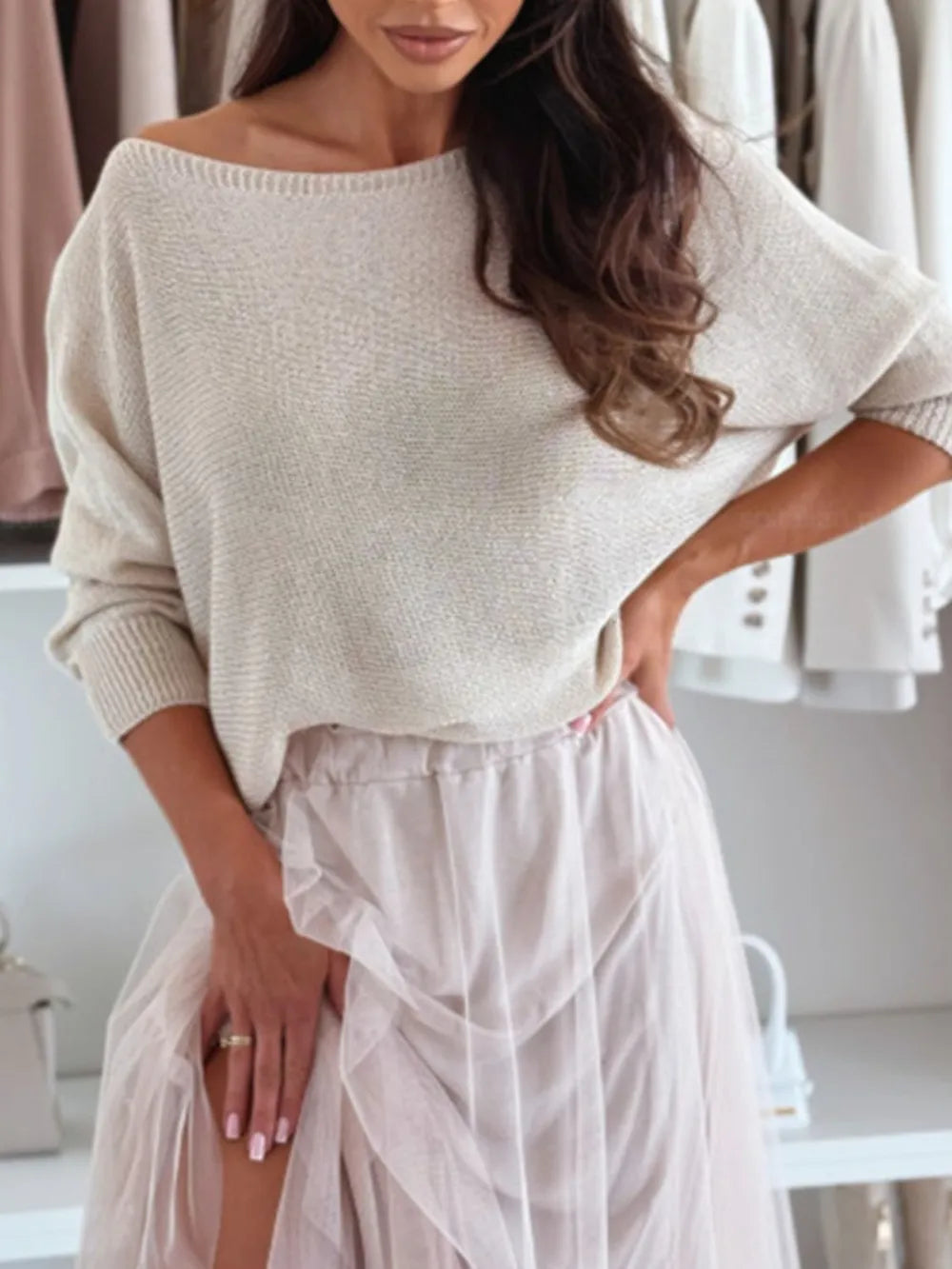 Bow Back Boat Neck Batwing Sleeve Sweater