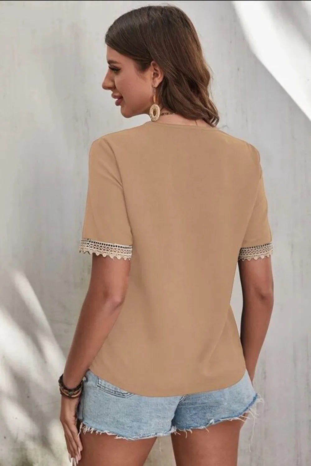 Full Size Lace Detail V-Neck Short Sleeve Blouse Plus Size